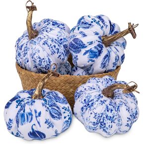 Fake Pumpkin Decor 4 Pcs Faux Pumpkins Small Blue and White Velvet Pumpkins Mini Artificial Pumpkin Fall Decorations for Home Table Farmhouse Mantel Halloween Thanksgiving