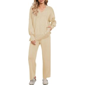 Pink Queen 2024 Fall Two Piece Outfits For Women Puff Long Sleeve Sweater Set Casual Loose Ribbed Knit Loungewear in Saudi Arabia