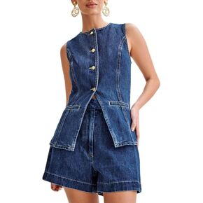 Casual Denim 2 Piece Set for Women Sexy Business Sleeveless Jean Blazer Vest Tops and Shorts Outfit Tracksuits