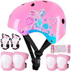 Toddler Bike Helmet Kids Helmet Mermaid Knee Pads and Elbow Pads Set Adjustable Protective Gear Set with DIY Stickers for Girls Age 3-5-8 Years