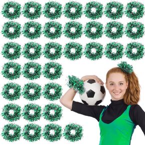 36 Pcs Metallic Pom Poms for Cheerleading 5 Inch Cheering Elastic Hair Ties with 36 Cheer Hair Ropes Mini Pom Poms Party Costume Bulk for Cheers Team Holiday Dance Celebration (Green Silver)