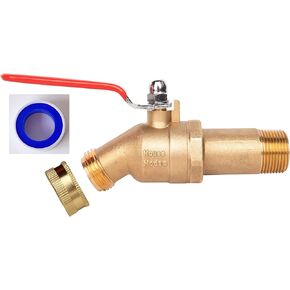 HMP010 Brass 3/4" MIP Water Heater Drain/Flush Ball valve(Full Port, 2 inch Shank, LF Compliant, 180 Degree Handle, w/Garden Hose Cap and Thread Tape)