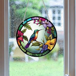 11.8 Inches Hummingbird On A Branch Window Hanging Flowers Acrylic Mural Wall Art Decor for Bedroom Office Garden Wall Decoration Indoor Window Decor Gift for Mather Grandma Teacher Bird Lover
