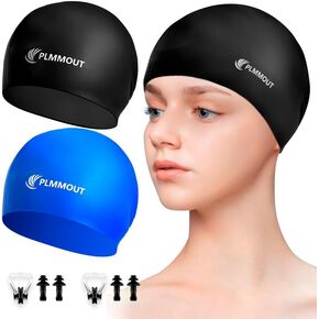 2 Pack Swim Caps for Women Men,Waterproof Silicone Swim Caps with Nose Clip and Ear Plugs to Keep Hair Dry,Swimming Caps for Long Thick Curly Hair