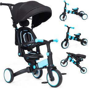 Baby Tricycle, 7-in-1 Folding Kids Tricycle with Adjustable Parent Handle, Safety Harness & Wheel Brakes, Removable Canopy, Ultra-Light Vehicle, Push Bike Gift for Toddlers for 1-6 Years（Blue）