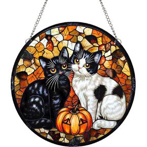 MATIHAY Glow in The Dark Cats Acrylic Window Hanging Ornament, Halloween Black and White Cats Wall Art Decor for Bathroom Living Room Decorations (Black & White, 7.9"/20cm)