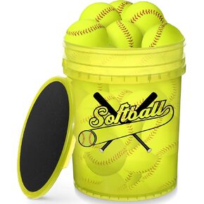 Lewtemi 18 Pack Sports Practice Softballs with 1 Pack Softball Bucket, Official Size and Slowpitch Softball, Leather Covered Youth Fastpitch Training Ball for Games Practice Training (Yellow, 11 Inch)
