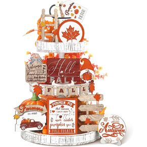 Huwena 16pcs Fall Tiered Tray Decor Autumn Gnome Truck Pumpkins Wood Sign Table Centerpieces Rustic Farmhouse Decorative Trays for Fall Thanksgiving Table Kitchen Wall Decorations