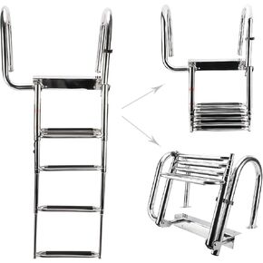 NovelBee 4 Step Removable Stainless Folding Pontoon Boat Ladder,Telescopic Folding Rear Entry Dock Ladder with Extra Wide Step (to The left)