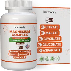 Magnesium Glycinate Citrate Malate Aspartate Gluconate, 5 in 1 Formula, 120 Purified Veggie Capsule, 1000 mg, Gluten Free, Non-GMO, 60 Days Serving