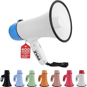 Pyle 20W Megaphone Bullhorn - Portable, Automatic Siren & Adjustable Volume,Projection Range Up to 400 Square Yards, Aux Input, Talk, Siren, Music, Whistle, & Record, Shoulder Strap (White-Blue)