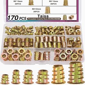 Taiss 170PCS Threaded Inserts Nuts,6 Sizes Wood Threaded Insert Kit,Furniture Screw in Nut Wood Inserts M4/M5/M6/M8 Threaded Inserts for Wood,Hex Socket Drive Screw Inserts for Wood Furniture,Cabinet