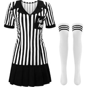 Yahenda Women Referee Costume White and Black Zipper Collar Stripe Shirt Skirt Outfit Long Sock for Halloween Cosplay