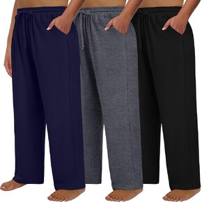 Neer 3 Pack Women's Plus Size Pants with Pockets Ladies Yoga Wide Leg High Waist Drawstring Sweatpants Elastic Lounge Pants