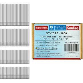 16 Gauge 304 Stainless Steel Straight Finish Nails, Assorted Size Project Pack for Pneumatic, Electric Finish Nailer or Nail Gun (2")