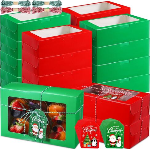 Maxcheck 50 حزمة 9x6x3in عيد الميلاد صناديق الكعكة مع نافذة ورقة صناديق المخابز للهدايا إعطاء صناديق كب كيك فردية كعكة علاج حاويات حلوى المخابز لتغليف فطيرة دونات معكرون الحلوى in Kuwait