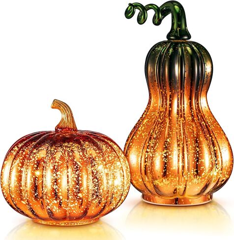 قطعتان من أضواء اليقطين الزجاجية لعيد الشكر قطعة مركزية من اليقطين الذهبي مع أضواء LED تعمل بالبطارية من الزجاج المنفوخ للخريف الموسمي وديكور المنزل وطاولة المطبخ، طرازان in Kuwait