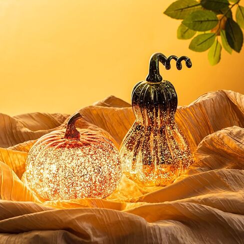 قطعتان من أضواء اليقطين الزجاجية لعيد الشكر قطعة مركزية من اليقطين الذهبي مع أضواء LED تعمل بالبطارية من الزجاج المنفوخ للخريف الموسمي وديكور المنزل وطاولة المطبخ، طرازان in Kuwait