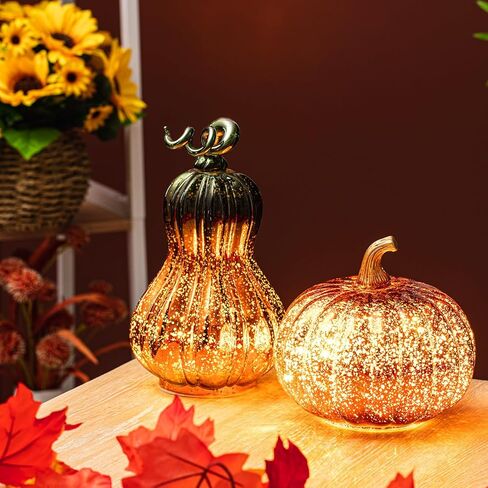 قطعتان من أضواء اليقطين الزجاجية لعيد الشكر قطعة مركزية من اليقطين الذهبي مع أضواء LED تعمل بالبطارية من الزجاج المنفوخ للخريف الموسمي وديكور المنزل وطاولة المطبخ، طرازان in Kuwait
