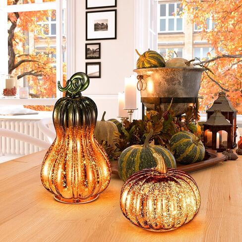 قطعتان من أضواء اليقطين الزجاجية لعيد الشكر قطعة مركزية من اليقطين الذهبي مع أضواء LED تعمل بالبطارية من الزجاج المنفوخ للخريف الموسمي وديكور المنزل وطاولة المطبخ، طرازان in Kuwait