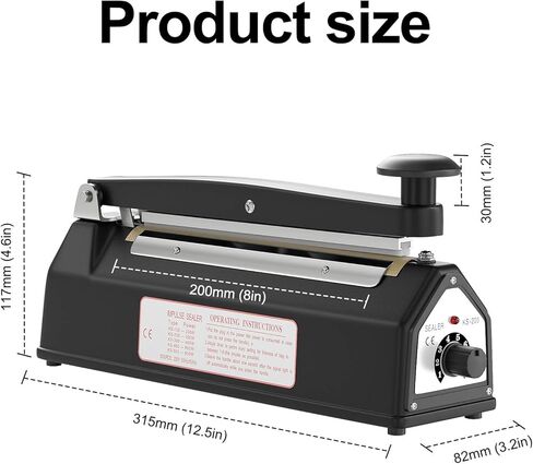 ماكينة إغلاق الأكياس الدافعة مقاس 8 بوصة، ماكينة سدادة حرارية يدوية للأكياس البلاستيكية، طقم بديل متضمن، أسود... in Kuwait