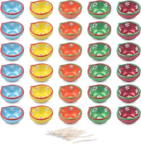 30 Pcs Hand Painted Diwali Decoration Diwali Clay Diya with Cotton Wicks Oil Lamp Indian Festive Home Decoration Traditional Temple Pooja Laxmi Puja Diyas Diwali Decor in Kuwait