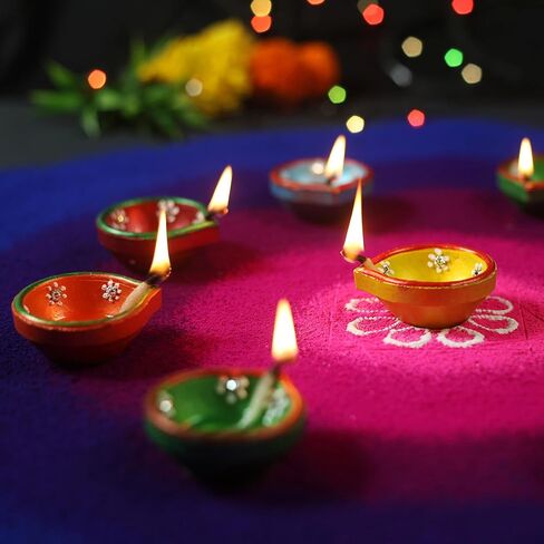 30 Pcs Hand Painted Diwali Decoration Diwali Clay Diya with Cotton Wicks Oil Lamp Indian Festive Home Decoration Traditional Temple Pooja Laxmi Puja Diyas Diwali Decor in Kuwait