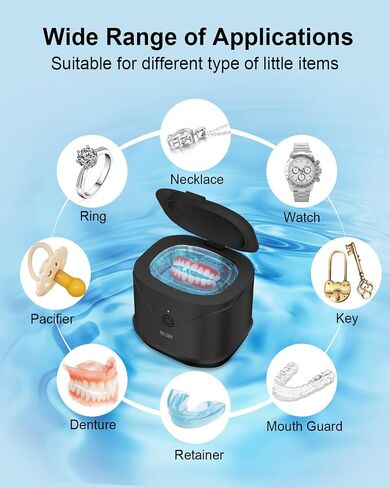 Ultrasonic Jewelry Cleaner, BCOM 46kHz Professional Portable Ultrasonic Retainer Cleaner for Dental Retainer, Mouth Guard, Watch, Ring, Jewelry Cleaner Ultrasonic Machine - Household Use, Black in Saudi Arabia