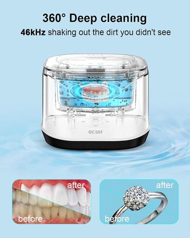 Ultrasonic Jewelry Cleaner, BCOM 46kHz Professional Portable Ultrasonic Retainer Cleaner for Dental Retainer, Mouth Guard, Watch, Ring, Jewelry Cleaner Ultrasonic Machine - Household Use, Black in Saudi Arabia