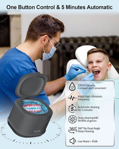 Ultrasonic Jewelry Cleaner, BCOM 46kHz Professional Portable Ultrasonic Retainer Cleaner for Dental Retainer, Mouth Guard, Watch, Ring, Jewelry Cleaner Ultrasonic Machine - Household Use, Black in Saudi Arabia