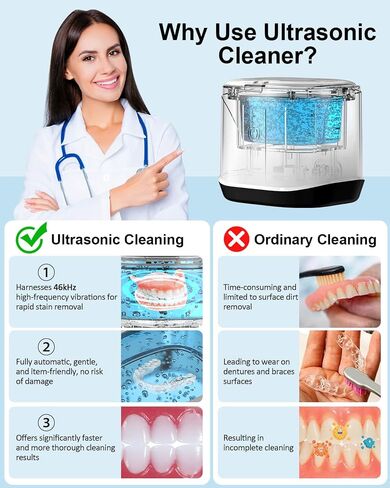 Ultrasonic Jewelry Cleaner, BCOM 46kHz Professional Portable Ultrasonic Retainer Cleaner for Dental Retainer, Mouth Guard, Watch, Ring, Jewelry Cleaner Ultrasonic Machine - Household Use, Black in Saudi Arabia