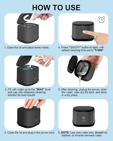Ultrasonic Jewelry Cleaner, BCOM 46kHz Professional Portable Ultrasonic Retainer Cleaner for Dental Retainer, Mouth Guard, Watch, Ring, Jewelry Cleaner Ultrasonic Machine - Household Use, Black in Saudi Arabia