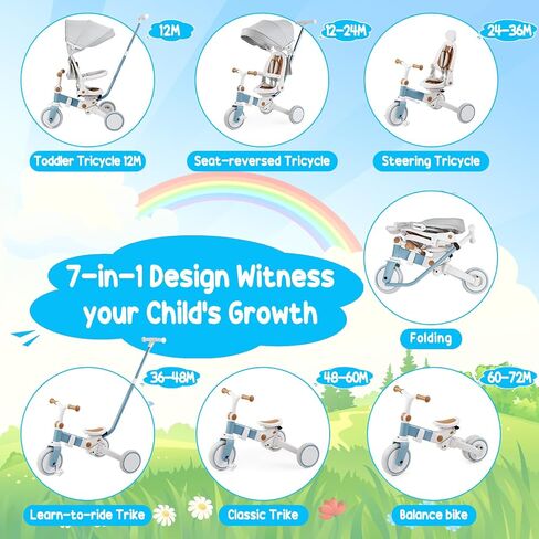 Baby Tricycle, 7-in-1 Folding Kids Tricycle with Adjustable Parent Handle, Safety Harness & Wheel Brakes, Removable Canopy, Ultra-Light Vehicle, Push Bike Gift for Toddlers for 1-6 Years（Blue） in Saudi Arabia
