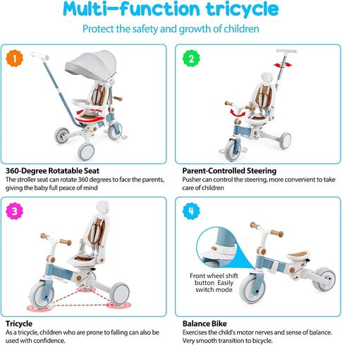 Baby Tricycle, 7-in-1 Folding Kids Tricycle with Adjustable Parent Handle, Safety Harness & Wheel Brakes, Removable Canopy, Ultra-Light Vehicle, Push Bike Gift for Toddlers for 1-6 Years（Blue） in Saudi Arabia