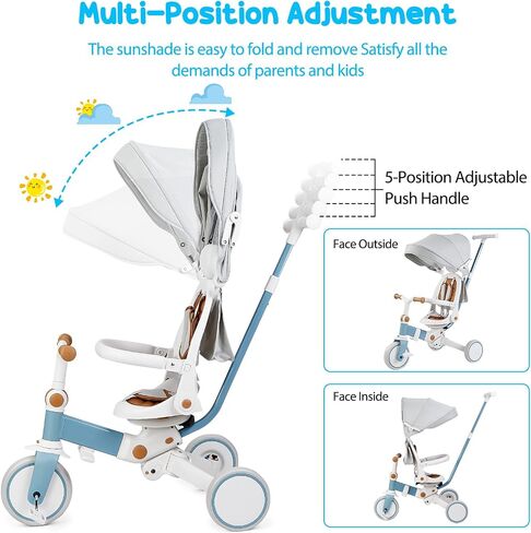 Baby Tricycle, 7-in-1 Folding Kids Tricycle with Adjustable Parent Handle, Safety Harness & Wheel Brakes, Removable Canopy, Ultra-Light Vehicle, Push Bike Gift for Toddlers for 1-6 Years（Blue） in Saudi Arabia