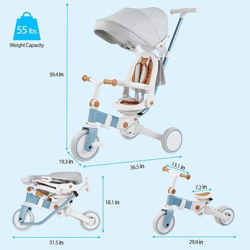 Baby Tricycle, 7-in-1 Folding Kids Tricycle with Adjustable Parent Handle, Safety Harness & Wheel Brakes, Removable Canopy, Ultra-Light Vehicle, Push Bike Gift for Toddlers for 1-6 Years（Blue） in Saudi Arabia
