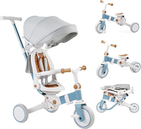 Baby Tricycle, 7-in-1 Folding Kids Tricycle with Adjustable Parent Handle, Safety Harness & Wheel Brakes, Removable Canopy, Ultra-Light Vehicle, Push Bike Gift for Toddlers for 1-6 Years（Blue） in Saudi Arabia
