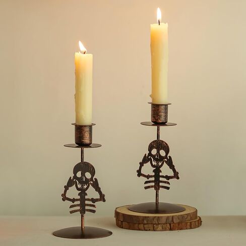 Sziqiqi Skull Candlestick Holders for Halloween: Goth Decor Black Candles Holder Set of 2 Skeleton Candle Stick Holders for Table Centerpieces Taper Candle Holders for Mantel Fireplace Dining Room in Saudi Arabia