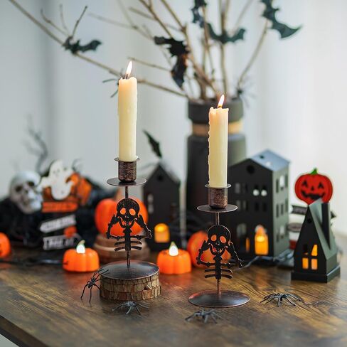 Sziqiqi Skull Candlestick Holders for Halloween: Goth Decor Black Candles Holder Set of 2 Skeleton Candle Stick Holders for Table Centerpieces Taper Candle Holders for Mantel Fireplace Dining Room in Saudi Arabia