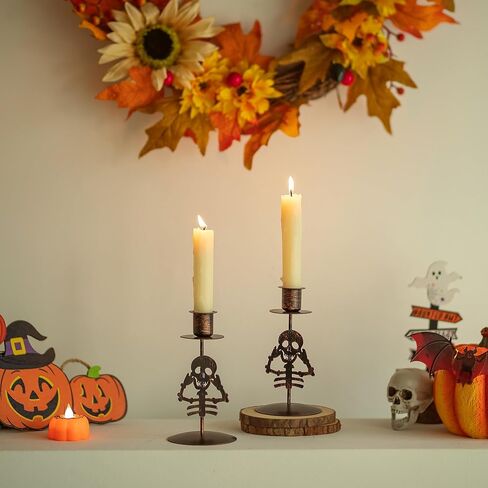 Sziqiqi Skull Candlestick Holders for Halloween: Goth Decor Black Candles Holder Set of 2 Skeleton Candle Stick Holders for Table Centerpieces Taper Candle Holders for Mantel Fireplace Dining Room in Saudi Arabia