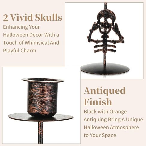 Sziqiqi Skull Candlestick Holders for Halloween: Goth Decor Black Candles Holder Set of 2 Skeleton Candle Stick Holders for Table Centerpieces Taper Candle Holders for Mantel Fireplace Dining Room in Saudi Arabia