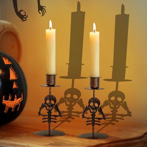 Sziqiqi Skull Candlestick Holders for Halloween: Goth Decor Black Candles Holder Set of 2 Skeleton Candle Stick Holders for Table Centerpieces Taper Candle Holders for Mantel Fireplace Dining Room in Saudi Arabia