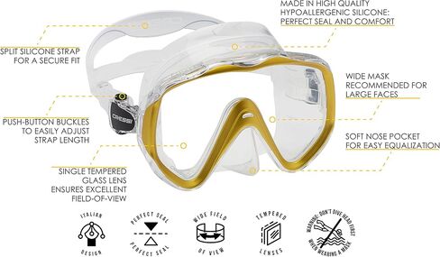 Cressi Perfect View Scuba Diving, Snorkeling Mask in Pure Comfortable Silicone - Available with Different Panoramic Lenses - Liberty: Designed in Italy in Saudi Arabia