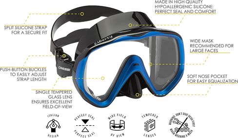 Cressi Perfect View Scuba Diving, Snorkeling Mask in Pure Comfortable Silicone - Available with Different Panoramic Lenses - Liberty: Designed in Italy in Saudi Arabia