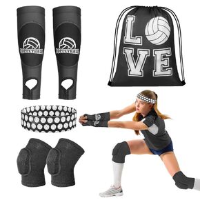 6 Pcs Volleyball Accessories Kit, Youth Volleyball Knee Pads Volleyball Arm Sleeves Protection Volleyball Headband Drawstring Bag for Women Teens Girls Boys Gifts（Pink）