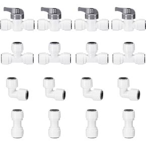 تركيبات توصيل سريعة 3/8 بوصة، تركيبات دفع 3/8 بوصة للطعام، تركيبات خط مياه 3/8 بوصة لأنظمة RO (التناضح العكسي) (صمام الكرة + T + موصل الاتحاد + موصل الكوع، 16 قطعة) in Kuwait