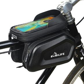 Bike Frame Tube Bag with Touchable Phone Holder - Bicycle Waterproof Two Sides Twins Handlebar Front Bag with Large Capacity Pouch Storage with Cell Phone Mount for Galaxy Phone and iPhone Below 7.2"