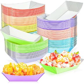 MotBach 100 Pack 2Lb Colorful Paper Food Boat Trays Disposable Paper Boats, Kraft Food Boats, Paper Food Serving Tray Boat Plate for Snack Popcorn Dessset Burger Hotdog Sandwich Taco Fries Nacho