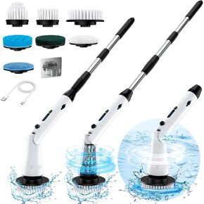Electric Spin Scrubber, Shower Scrubber with Long Handle, IPX7 Waterproof Bathroom Cleaner Brush, Cordless Electric Cleaning Brush with 7 Replaceable Brush Heads, 2 Speeds Scrubber for Floor Tile Tub