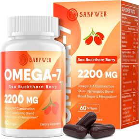 Omega-7 Sea Buckthorn Oil - with Omega-3 EPA/DHA Fish Oil, Cinnamomum, Fenugreek, ALA, Green Tea, Cayenne Pepper, Turmeric, Resveratrol, Black Pepper - Non-GMO, Gluten-Free, 60 Softgels